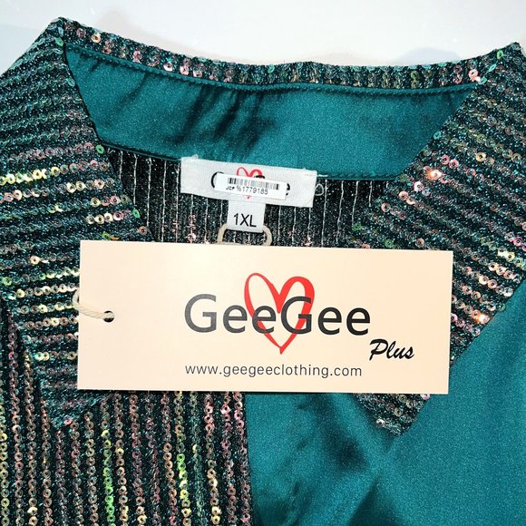 GeeGee Plus - Women's Size 1XL Green Sequins Long Sleeve Button Up Blouse - Picture 4 of 11